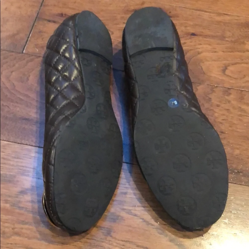 Tory Burch Black Quilted Leather Flats with Gold Logo Medallion